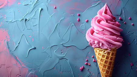 Ice cream cone close-up. Pink Icecream scoop in waffle cone over blue background. Strawberry or raspberry flavor Sweet dessert decorated with colorful sprinkles, closeupの素材