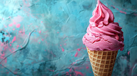 Ice cream cone close-up. Pink Icecream scoop in waffle cone over blue background. Strawberry or raspberry flavor Sweet dessert decorated with colorful sprinkles, closeupの素材