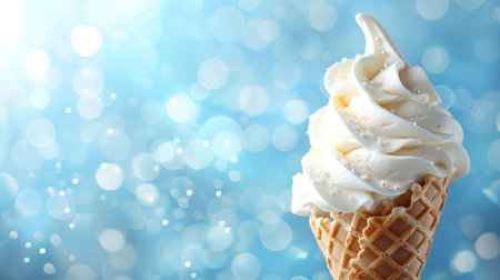 Ice cream cone close-up. Pink Icecream scoop in waffle cone over blue background. Strawberry or raspberry flavor Sweet dessert decorated with colorful sprinkles, closeupの素材