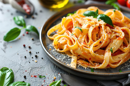 Tasty appetizing classic Italian spaghetti pasta with tomato sauce, cheese parmesan and basil on plate on dark table. View from above, horizontalの素材
