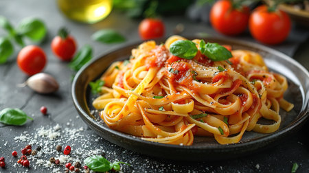 Tasty appetizing classic Italian spaghetti pasta with tomato sauce, cheese parmesan and basil on plate on dark table. View from above, horizontalの素材