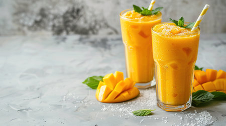 Refreshing and healthy mango smoothie in tall glasses.の素材