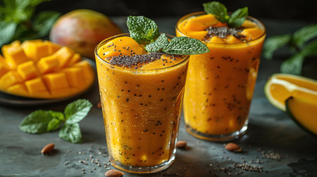 Refreshing and healthy mango smoothie in tall glasses.の素材