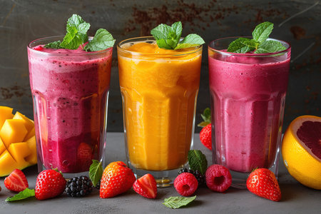 Colorful smoothie, healthy detox vitamin diet or vegan food concept, fresh vitamins, breakfast drink with spinach, pomegranate, figs and blueberriesの素材