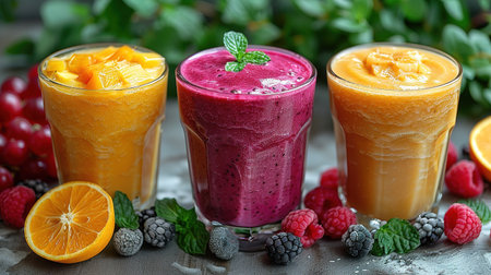Colorful smoothie, healthy detox vitamin diet or vegan food concept, fresh vitamins, breakfast drink with spinach, pomegranate, figs and blueberriesの素材