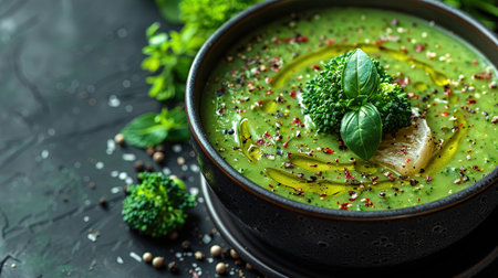 Broccoli, spinach and green peas cream soup on a dark concrete background. Top view with copy space.の素材