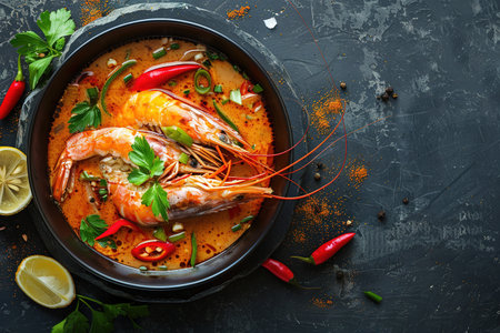 tom yum kung Spicy Thai soup with shrimp in a black bowl on a dark stone background, top view, copy spaceの素材