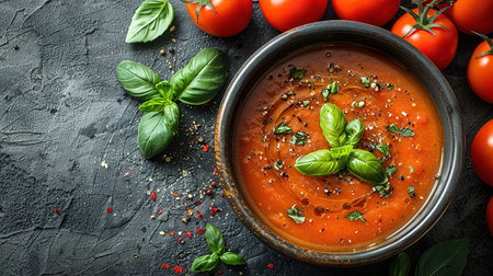 Tomato soup in a black bowl on gray stone background. Top view. Copy space.の写真素材