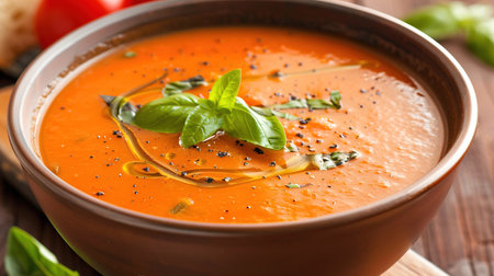 Tomato soup in a black bowl on gray stone background. Top view. Copy space.の写真素材