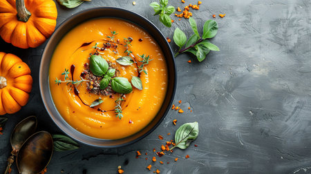 Pumpkin soup with thyme herb, cream and pumpkin seeds served in black bowl, top view.の素材