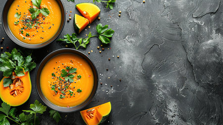 Pumpkin soup with thyme herb, cream and pumpkin seeds served in black bowl, top view.の素材
