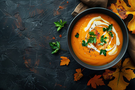 Pumpkin soup with thyme herb, cream and pumpkin seeds served in black bowl, top view.の素材