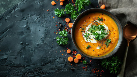 Pumpkin soup with thyme herb, cream and pumpkin seeds served in black bowl, top view.の素材