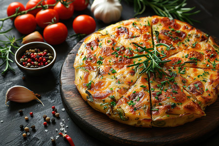 Spanish omelette with potatoes and onion, typical Spanish cuisine. Tortilla espanola. Rustic dark backgroundの素材