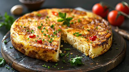 Spanish omelette with potatoes and onion, typical Spanish cuisine. Tortilla espanola. Rustic dark backgroundの素材