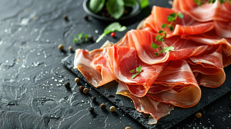 Slices of prosciutto di parma or jamon serrano (iberico) on a black plate on a dark slate, stone or concrete background. Top view with copy space.の素材