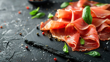 Slices of prosciutto di parma or jamon serrano (iberico) on a black plate on a dark slate, stone or concrete background. Top view with copy space.の素材