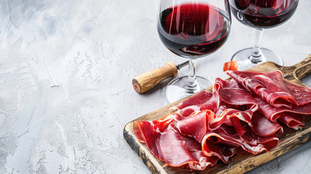 Wooden board with delicious jamon and red wine on light background.の素材