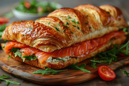 Croissants with salted salmon, cucumber and arugula served on dark background. Close up.の素材
