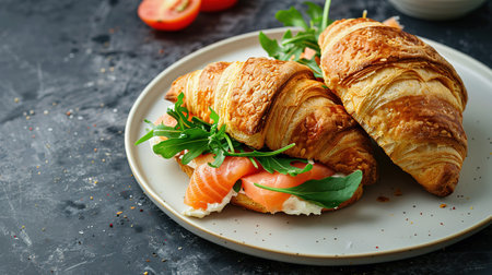Croissants with salted salmon, cucumber and arugula served on dark background. Close up.の素材