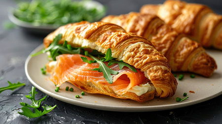 Croissants with salted salmon, cucumber and arugula served on dark background. Close up.の素材