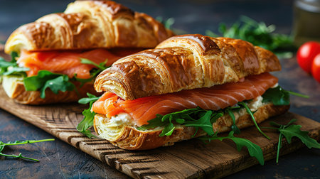 Croissants with salted salmon, cucumber and arugula served on dark background. Close up.の素材