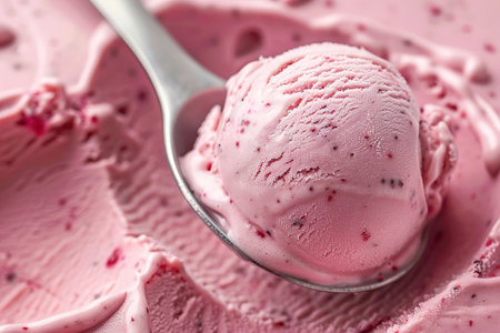 spoon taking out a scoop of strawberry ice cream making motion and black background.の素材