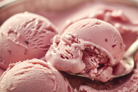 spoon taking out a scoop of strawberry ice cream making motion and black background.の素材