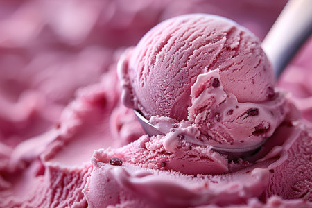 spoon taking out a scoop of strawberry ice cream making motion and black background.の素材