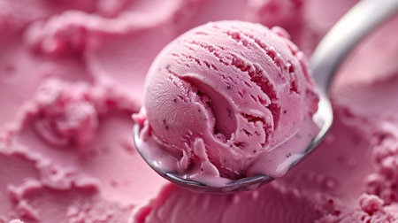 spoon taking out a scoop of strawberry ice cream making motion and black background.の素材