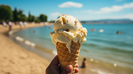Ice creams on beach and shells with ocean landscape.の素材