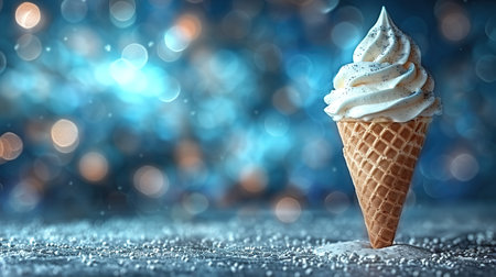 Ice cream cone close-up. Pink Icecream scoop in waffle cone over blue background. Strawberry or raspberry flavor Sweet dessert decorated with colorful sprinkles, closeupの素材