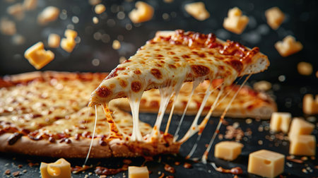 A flying slice of four cheeses pizza with stretching cheese on a black background. The concept of fast food and junk food.の素材