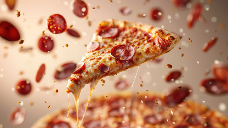 A flying slice of pepperoni pizza with stretching cheese on a light background. The concept of fast food and junk food.の素材