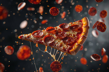 A flying slice of pepperoni pizza with stretching cheese on a black background. The concept of fast food and junk food.の素材
