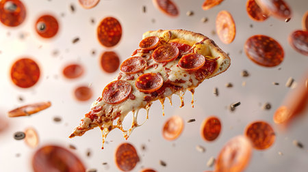 A flying slice of pepperoni pizza with stretching cheese on a light background. The concept of fast food and junk food.の素材