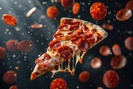 A flying slice of pepperoni pizza with stretching cheese on a black background. The concept of fast food and junk food.の素材