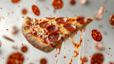 A flying slice of pepperoni pizza with stretching cheese on a light background. The concept of fast food and junk food.の素材