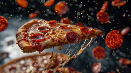 A flying slice of pepperoni pizza with stretching cheese on a black background. The concept of fast food and junk food.の素材