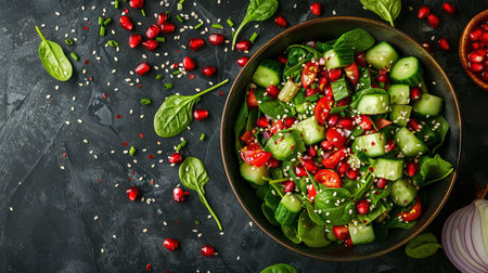 Healthy vegetable salad of fresh tomato, cucumber, onion, spinach, lettuce and sesame on plate. Diet menu. Top view.の写真素材