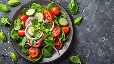 Healthy vegetable salad of fresh tomato, cucumber, onion, spinach, lettuce and sesame on plate. Diet menu. Top view.の写真素材