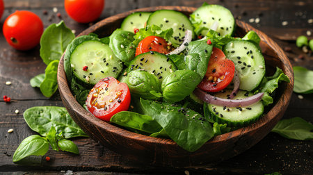 Healthy vegetable salad of fresh tomato, cucumber, onion, spinach, lettuce and sesame on plate. Diet menu. Top view.の写真素材