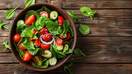 Healthy vegetable salad of fresh tomato, cucumber, onion, spinach, lettuce and sesame on plate. Diet menu. Top view.の写真素材