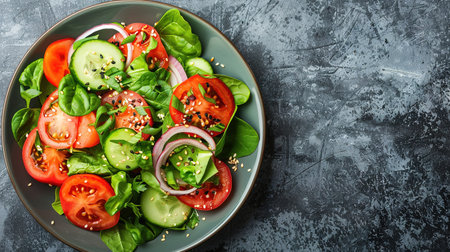 Healthy vegetable salad of fresh tomato, cucumber, onion, spinach, lettuce and sesame on plate. Diet menu. Top view.の写真素材
