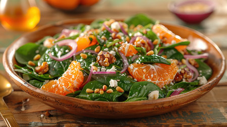 Fresh spinach salad with oranges, feta (ricotta) cheese, red onion and pine nuts.の写真素材