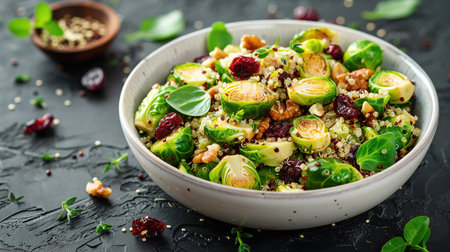 Fried Brussels sprouts salad with quinoa, cranberries and nuts in a white bowl. Healthy vegan food concept.の写真素材