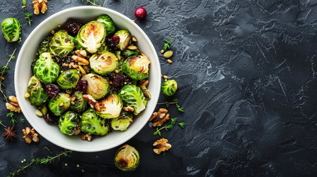 Fried Brussels sprouts salad with quinoa, cranberries and nuts in a white bowl. Healthy vegan food concept.の写真素材