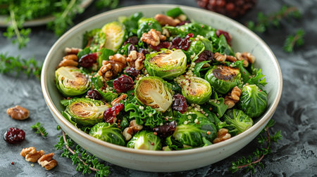 Fried Brussels sprouts salad with quinoa, cranberries and nuts in a white bowl. Healthy vegan food concept.の写真素材
