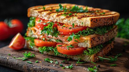 Grilled and pressed toast with smoked ham, cheese, tomato and lettuce served on wooden cutting boardの素材