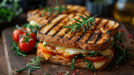 Grilled and pressed toast with smoked ham, cheese, tomato and lettuce served on wooden cutting boardの素材